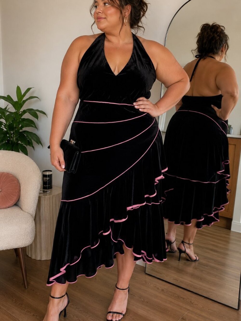 Y2K Blondie Nites Black Velvet Halter Dress Pink Trim Plus Size 16W Prom